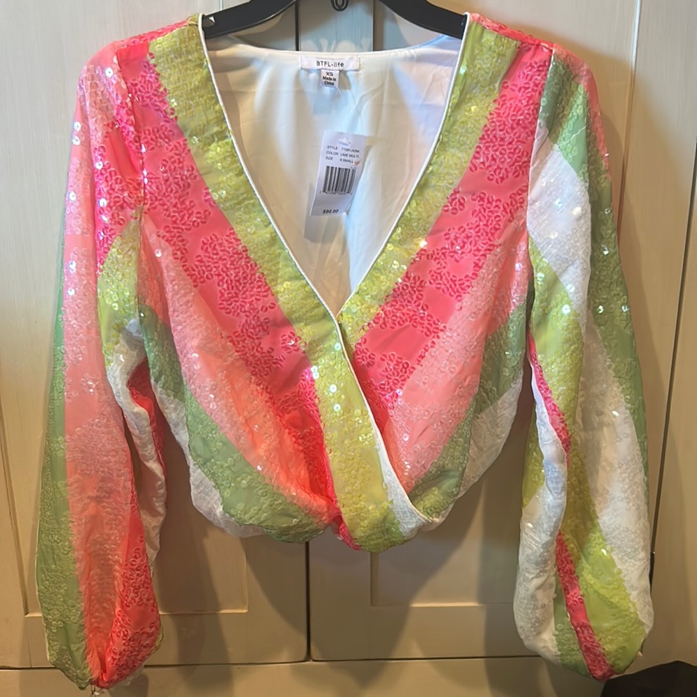 BTF-LIFE Women's Sequin Cropped Wrap Blouse - Pink, Lime, Green